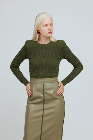 Set: Intarsia Polo & Eco-Leather Skirt with Handcrafted Details