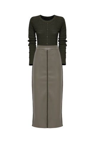 Set: Intarsia Polo & Eco-Leather Skirt with Handcrafted Details